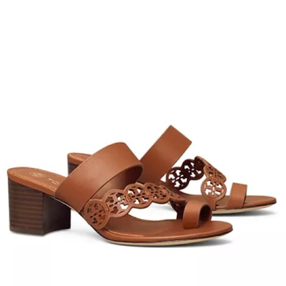 Tory Burch Tiny Miller Toe Ring Laser Cut Sandals Block Heel Slides NWOB Sz 10